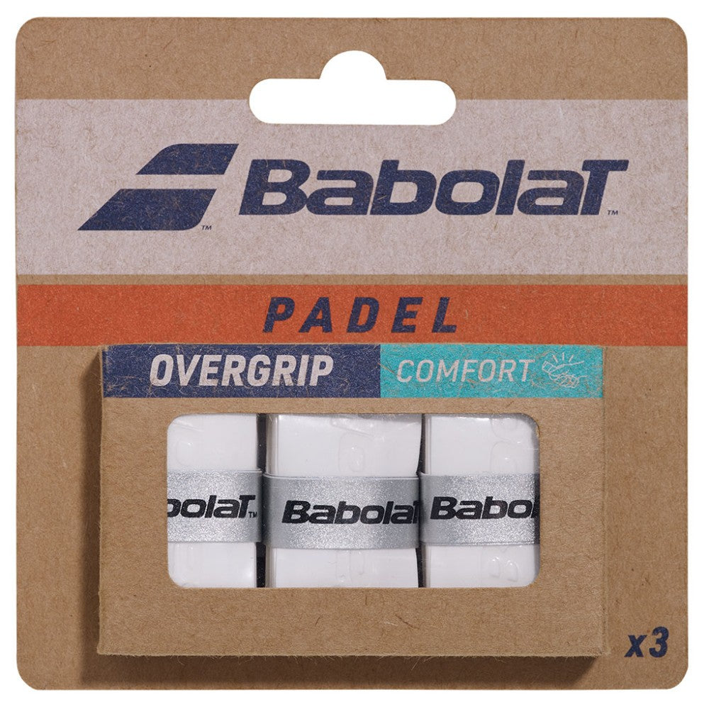 Грипове Babolat Comfort White x3 за падел ракета, осигуряващи стабилен контрол и комфорт по време на игра.