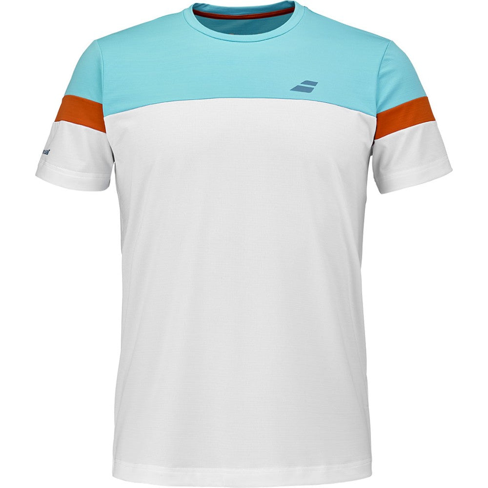 Мъжка тениска Babolat Crew Neck Tee White. Изработена от 83% рециклиран полиестер, 17% еластан. В бял цвят с оранжев акцент
