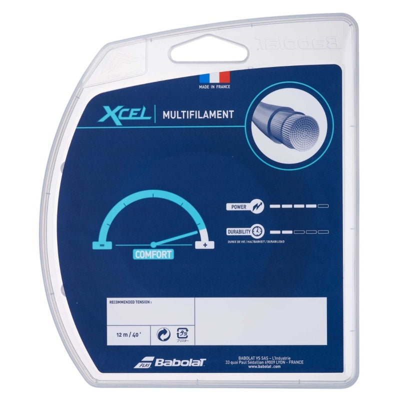 Кордаж Babolat XCEL 1.30/16 Black опаковка с информация за комфорт, мощност и издръжливост.