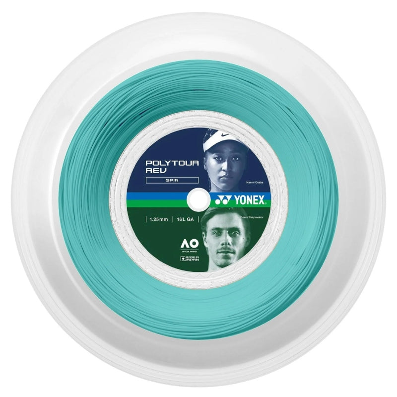 Рулон Yonex Polytour Rev 1.25/16 Mint, полиестерен кордаж с отличен контрол и стабилност.
