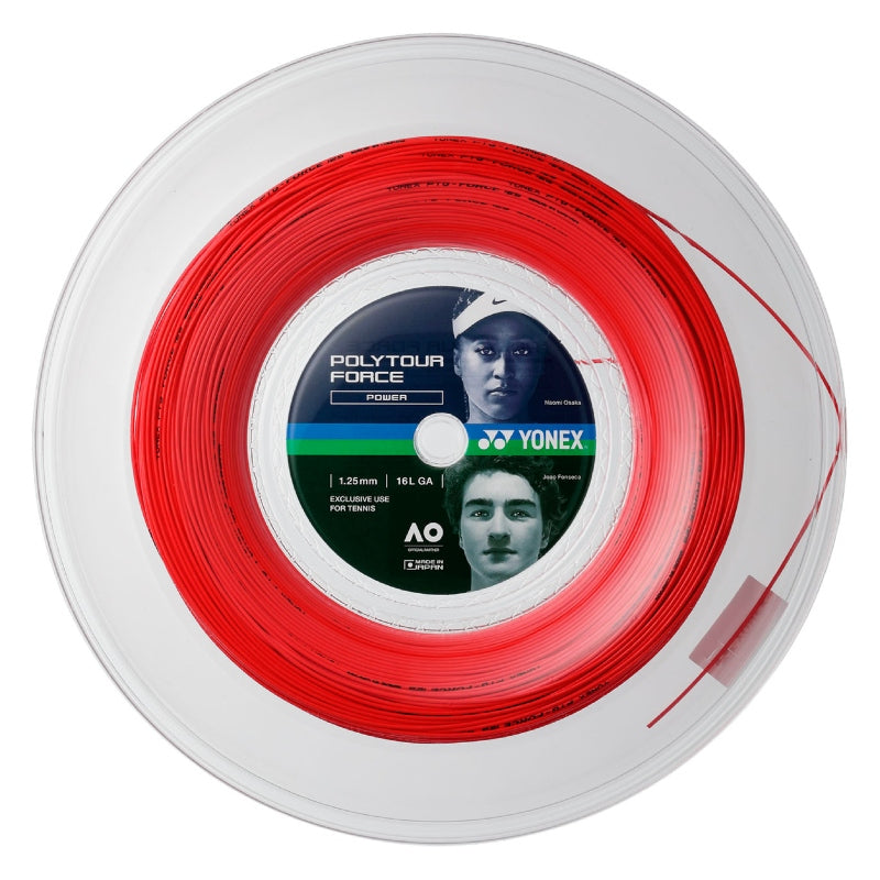 Рулон Yonex Polytour Force 1.20, 1.25 Bright Red, монофиламентен кордаж за тенис с експлозивна мощност и контрол.