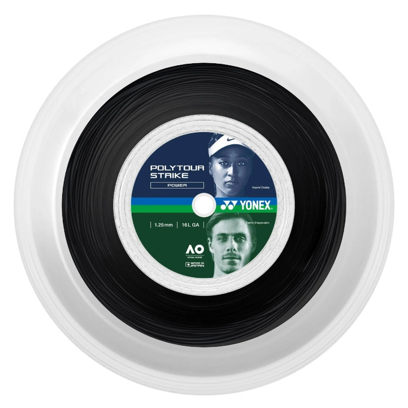 Рулон Yonex Polytour Strike 1.25/16 Black, полиестерен кордаж за тенис, осигуряващ мощност и контрол.