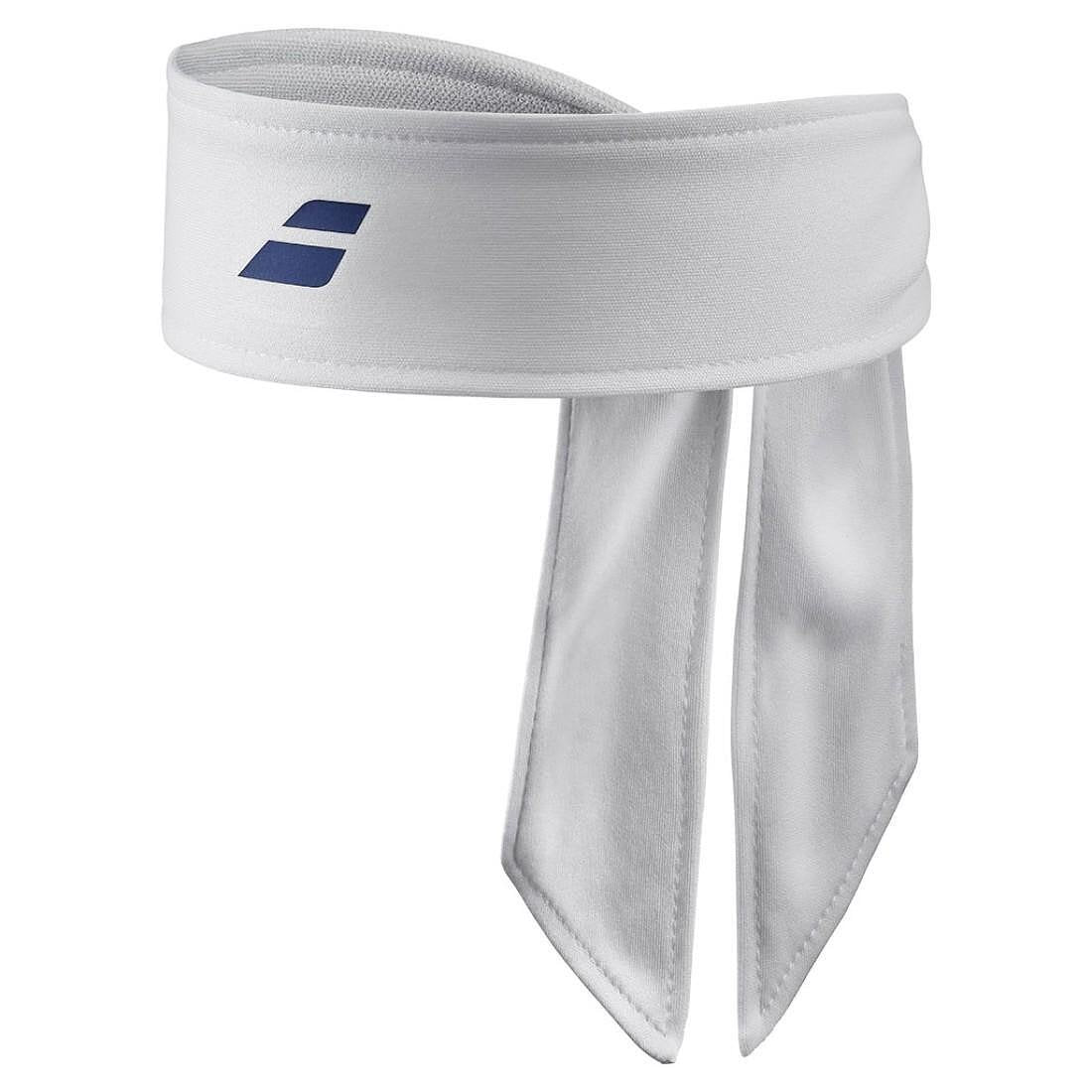 Babolat TIE HEADBAND bandana - white, blue adjustable headband made from recycled polyester for sweat absorption.