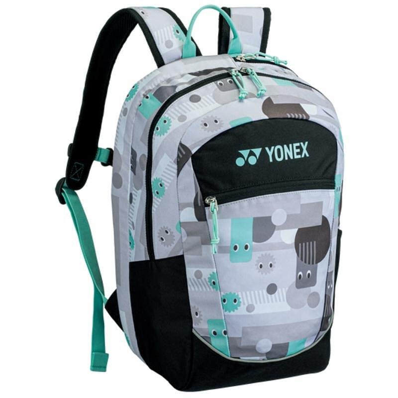 Rucsac pentru copii Yonex 15L Gray Black pentru echipament de tenis, cu elemente reflectorizante, curea de piept și buzunar pentru sticlă.