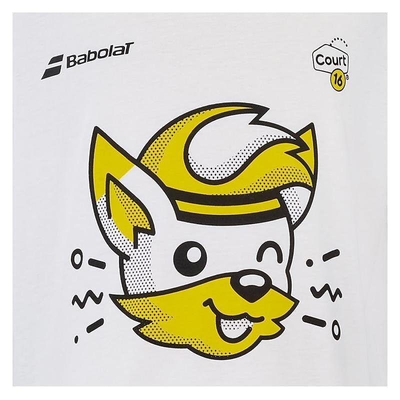 Детска тениска Babolat EXERCISE COTTON C16 - white с Court 16 икона и тенис дизайн за деца