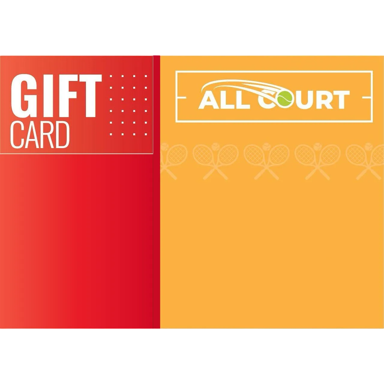 GIFT CARD design featuring bright colors and tennis motifs, ideal for sports enthusiasts and gift giving.
