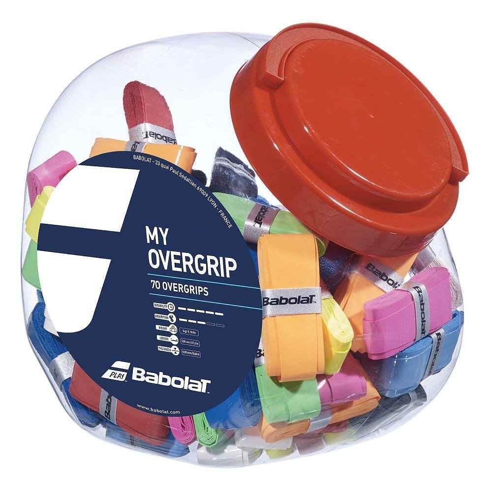 Grip from a Babolat box with colorful overgrip tapes for tennis and padel, a practical choice for tennis rackets and padel rackets