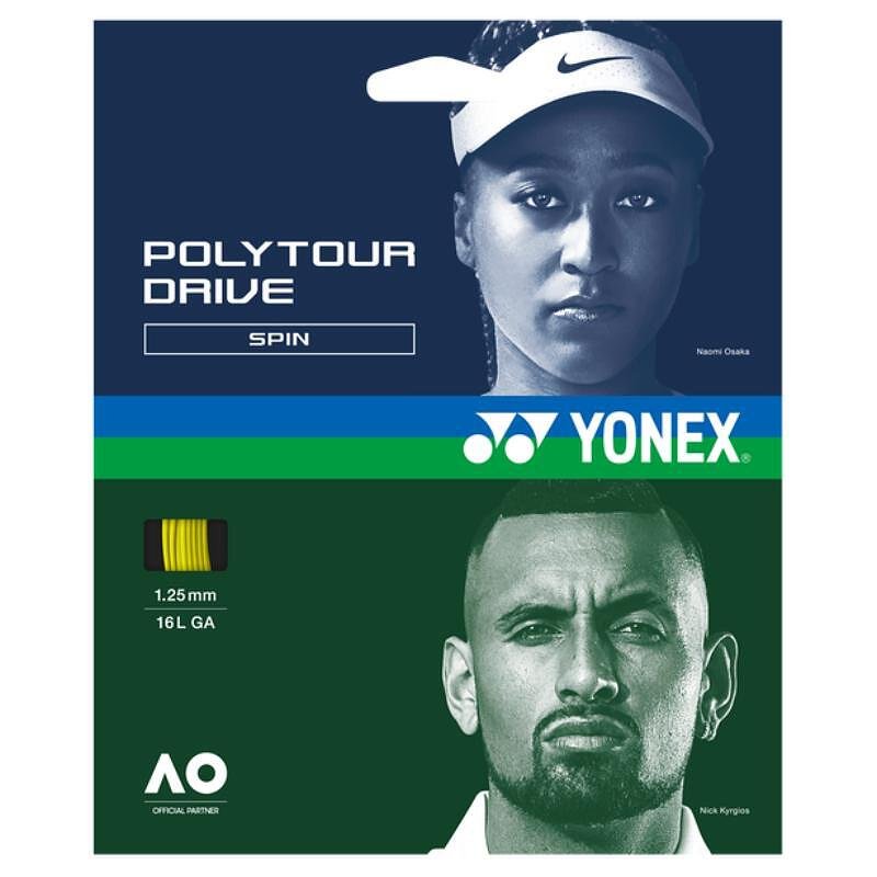 Кордаж Yonex POLYTOUR DRIVE 125 Flash Yellow, жълт polyester кордаж 12 м/200 м за тенис ракети