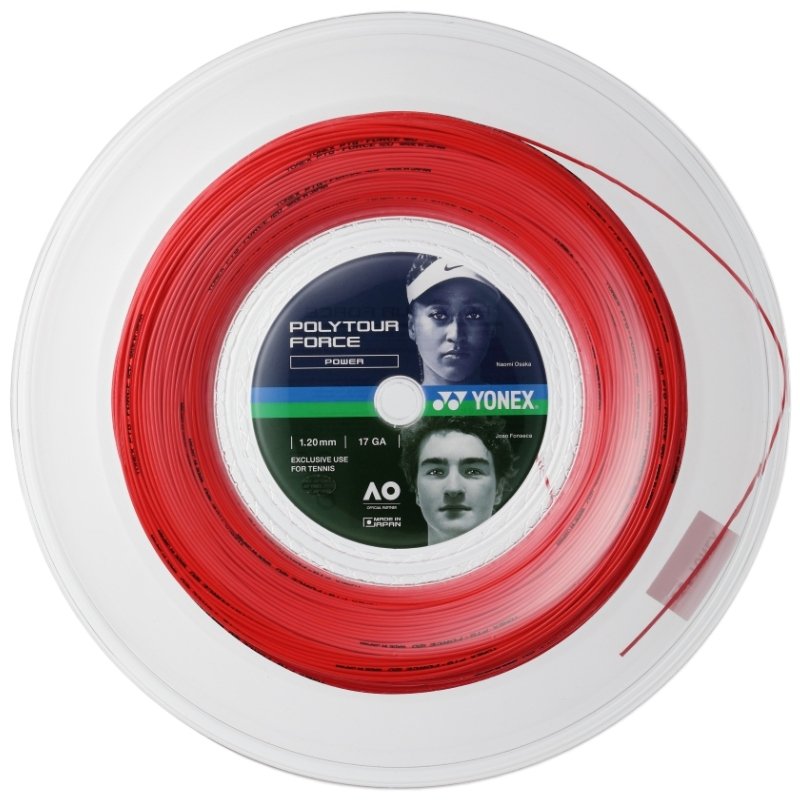 Рулон Yonex Polytour Force 1.20, 1.25 Bright Red, висококачествен полиестерен кордаж за тенис с ярък дизайн.