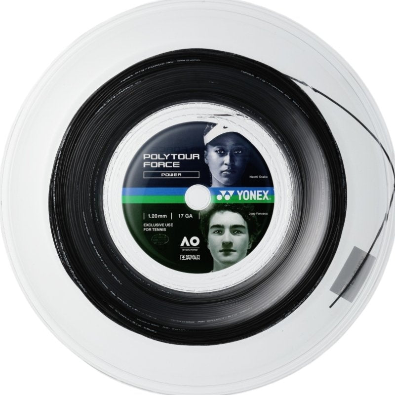 Рулон Yonex Polytour Force 1.20, 1.25 Black - висококачествен кордаж за тенис с експлозивна мощност и стабилен контрол.