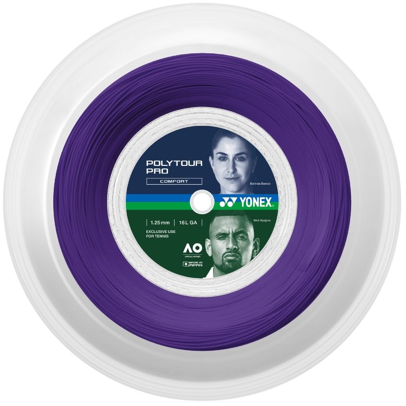 Кордаж Yonex Polytour Pro 125 Midnight Purple представен в лилава опаковка, с информация за дебелина и марка.