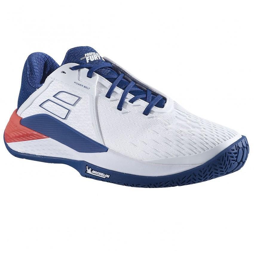 Pantofi sport bărbătești Babolat PROPULSE FURY 3 AC WHITE BLUE – pantofi de tenis pentru stabilitate, confort și dinamism pe teren