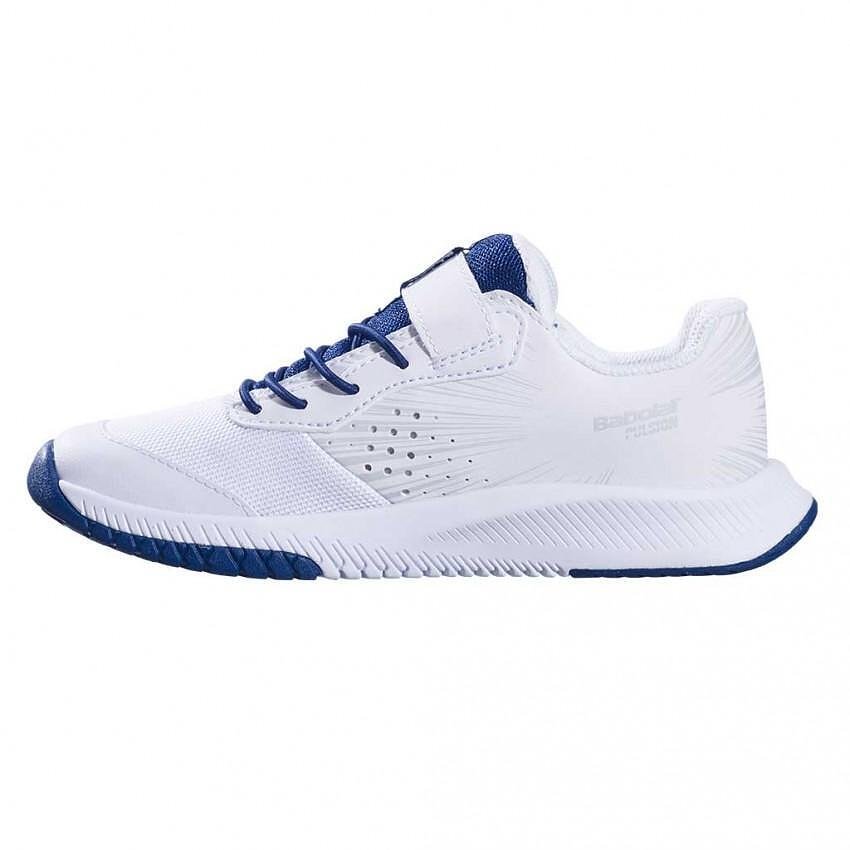 Детски маратонки Babolat PULSION AC BOY White, Estate Blue – леки тенис маратонки за комфорт и стабилност.