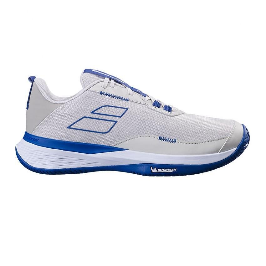 Men's Babolat SFX ALL COURT OAT MEAL shoes - white and blue tennis shoes for comfort on all courts.