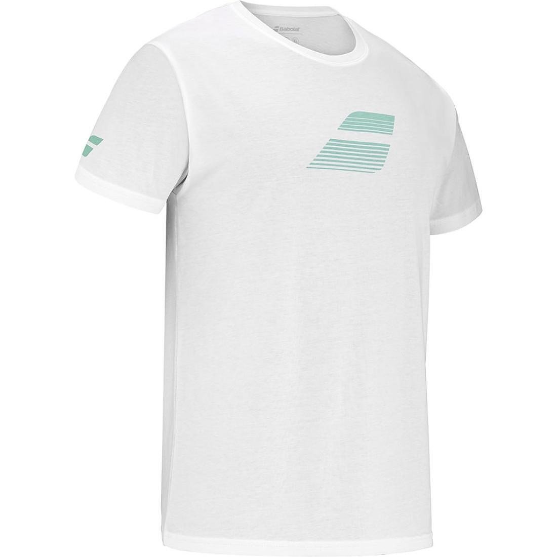 Мъжка тениска Babolat EXERCISE BIG FLAG - white с класическа кройка и динамичен дизайн за тенис и ежедневие