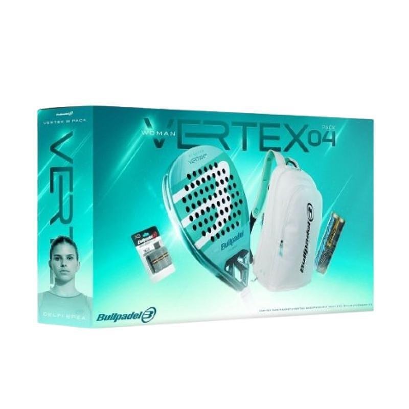 Gift set Bullpadel Vertex 04 Woman Pack, including the Vertex 04 Woman racket, Vertex backpack, overgrip and NEXT PRO balls – the ideal choice for padel players.