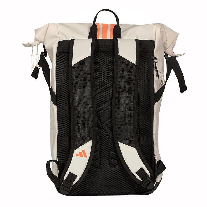 Раница adidas Backpack Multigame Off White 2026 за падел, бяла с оранжеви акценти, с roll-top основно отделение и термоизолирано отделение за ракети