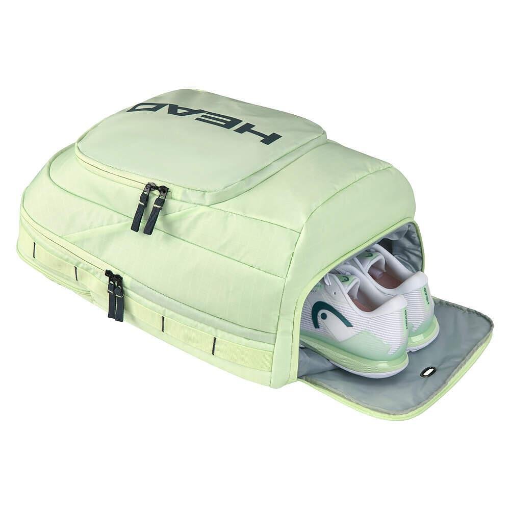 Head Pro 30L Green tennis backpack with a wide opening and practical pockets for tennis gear and accessories