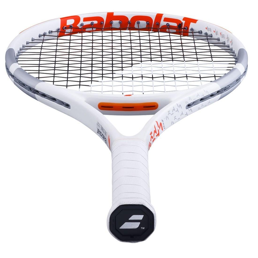 Babolat Evo Strike tennis racket with an elegant white design for power, comfort and control