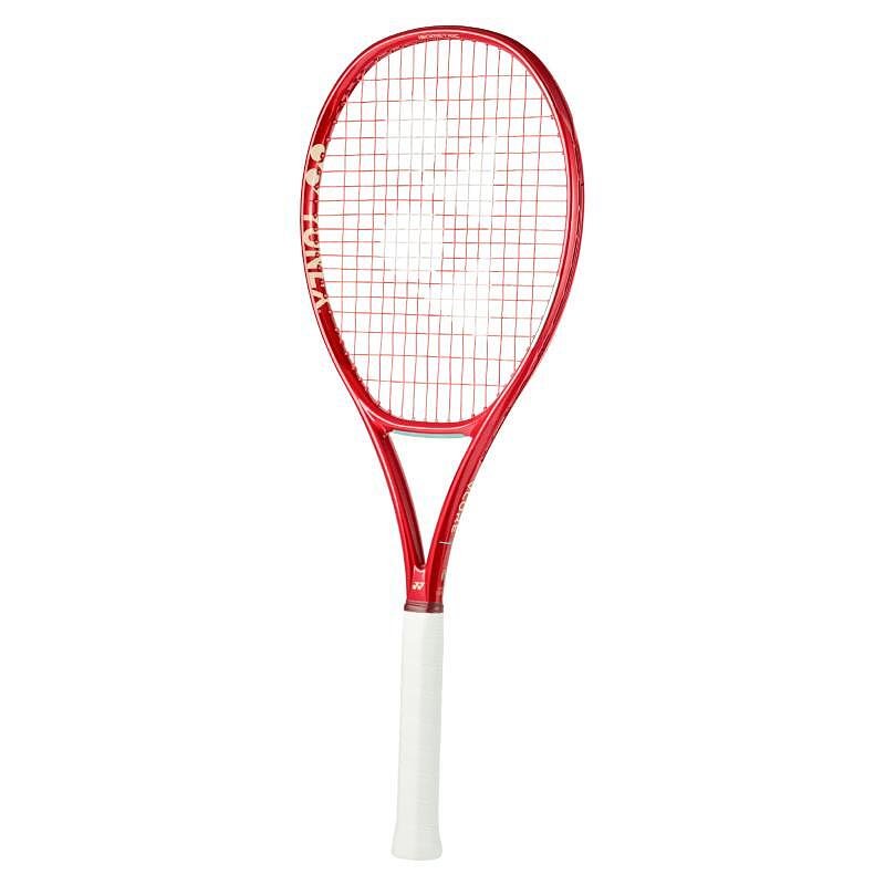 Yonex VCORE Alpha L Ruby Red tennis racket - a lightweight 260 g racket with pre-strung strings and powerful spin for young competitors