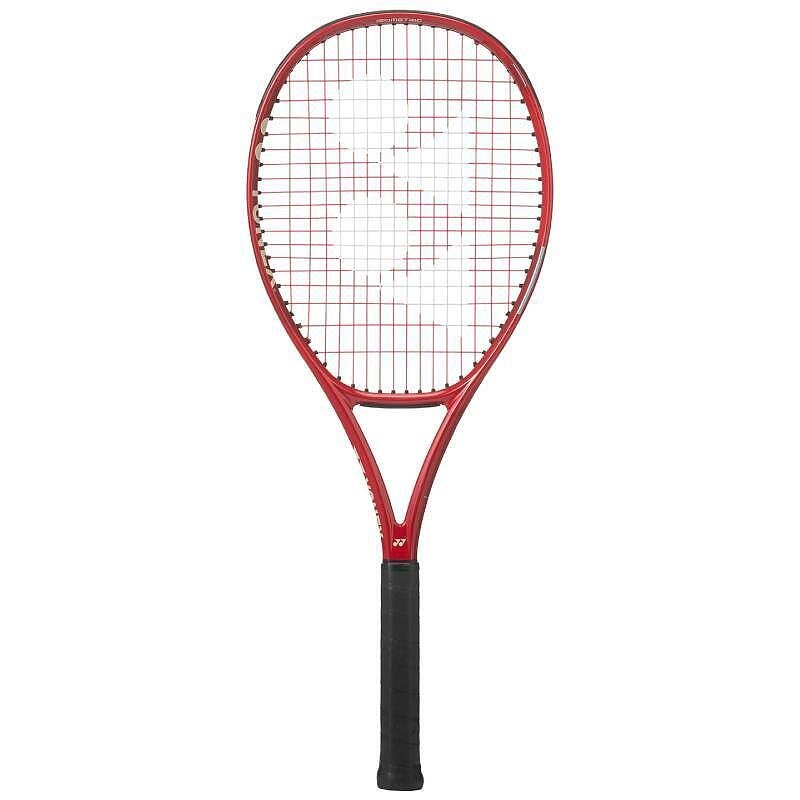 Yonex VCORE PLAY Ruby Red tennis racket - a lightweight 265 g racket for spin, maneuverability, and stable control for recreational players.
