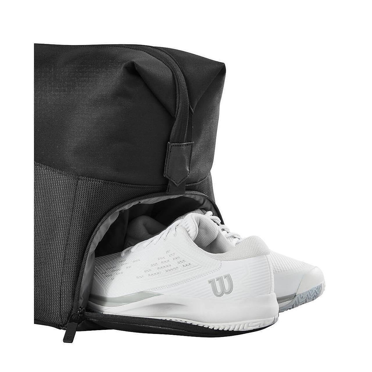 Wilson RF Roger Federer Duffel tennis bag - 6 racquets, black, with shoe compartment and space for Wilson tennis racquets
