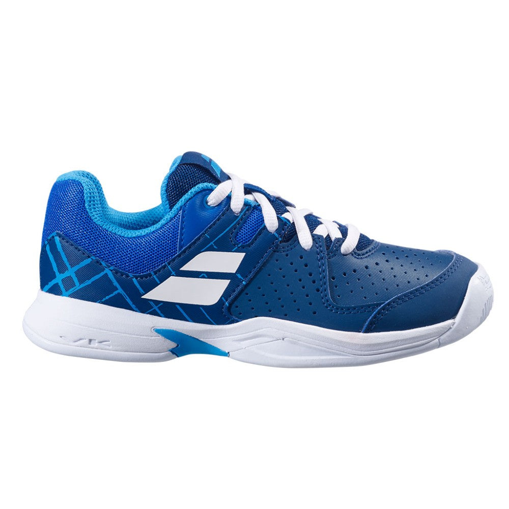 Детски маратонки Babolat Pulsion AC JR Estate Blue/White, синьо-бели, идеални за тенис, с лека конструкция и дишаща мрежа.