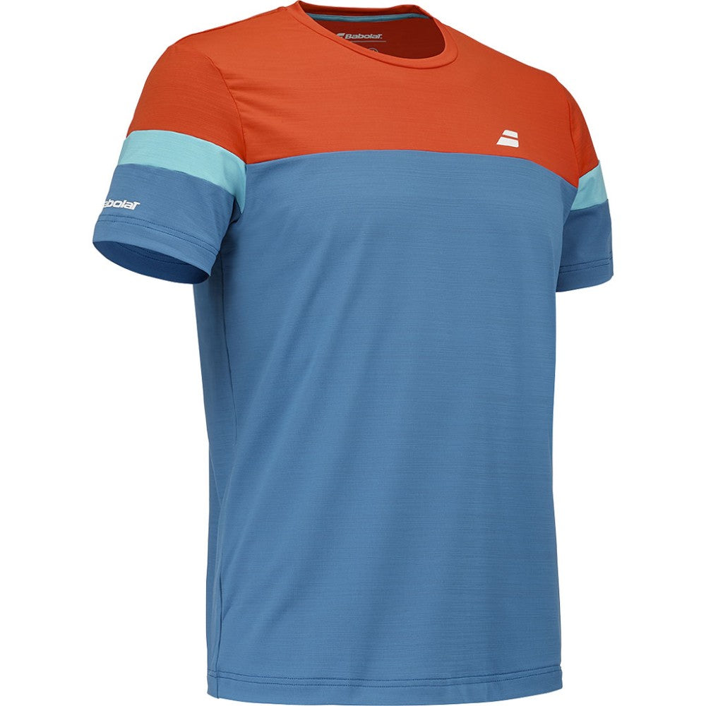 Мъжка тениска Babolat Crew Neck Tee Seaport. Изработена от 83% рециклиран полиестер, 17% еластан. В светло син цвят с оранжев акцент