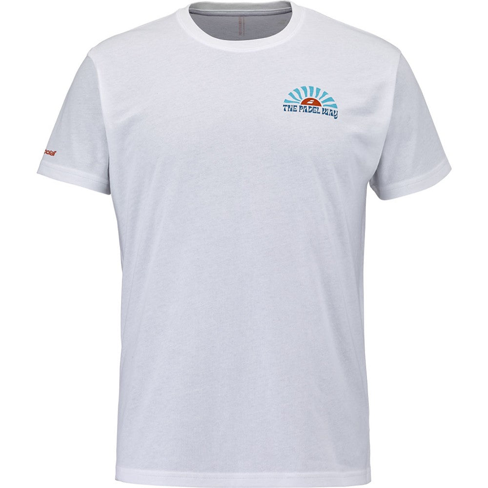 Мъжка тениска за падел BABOLAT PERF COTTON TEE SCUBA BLUE, изработена от 80% памук и 20% рециклиран полиестер. Бял цвят