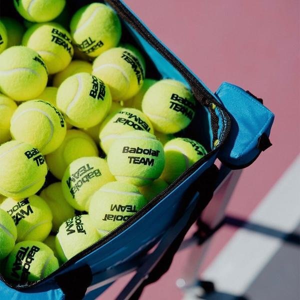 Babolat wheeled ball basket with up to 120 balls, a lightweight, sturdy, and foldable basket for tennis and padel training.