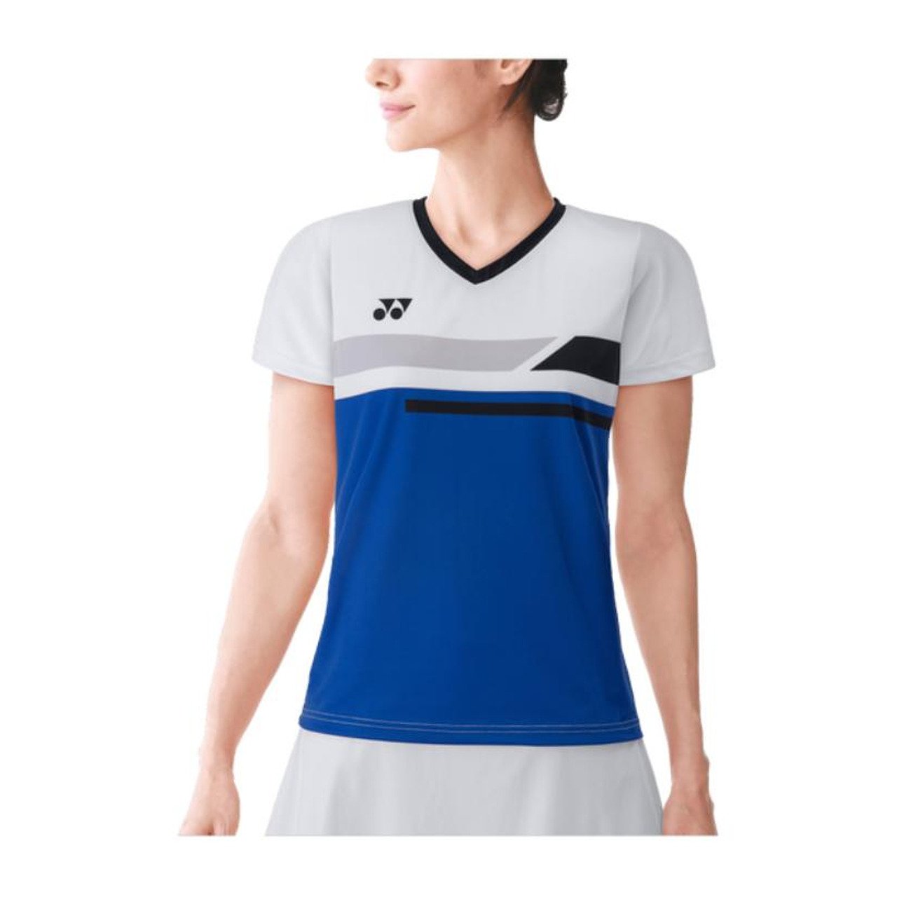 Women's Yonex 2024 T-shirt, white and blue, women's V-neck sporty style made of 100% polyester for tennis gear.