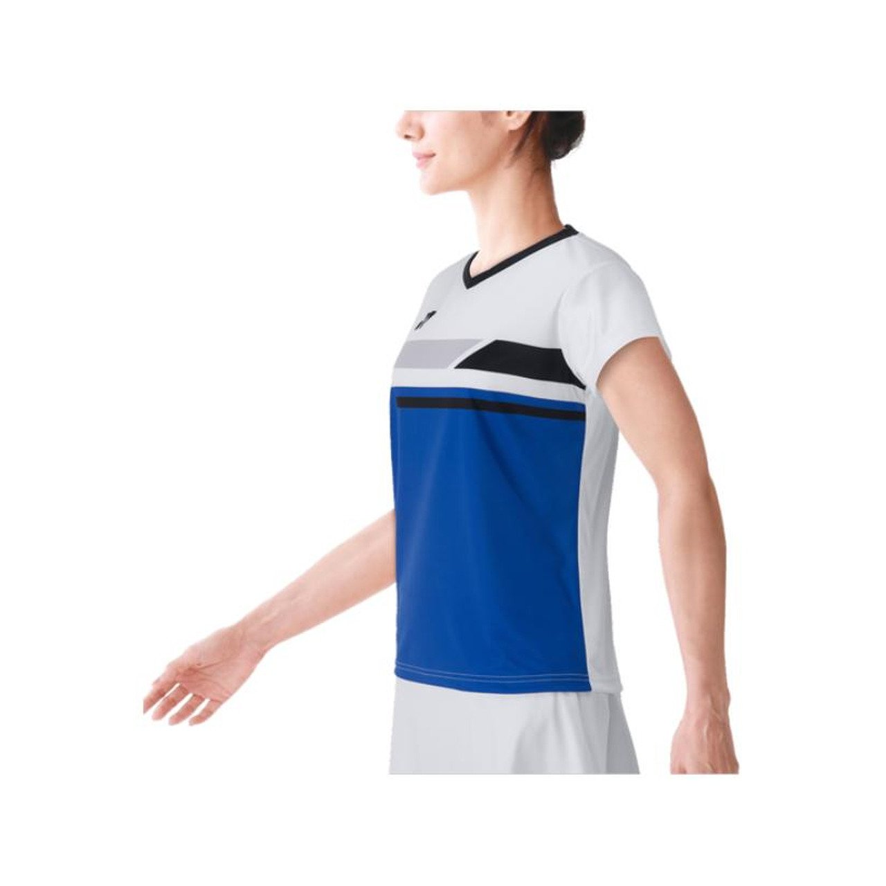 Women's Yonex 2024 T-shirt in white and blue, sporty V-neck T-shirt for tennis and padel