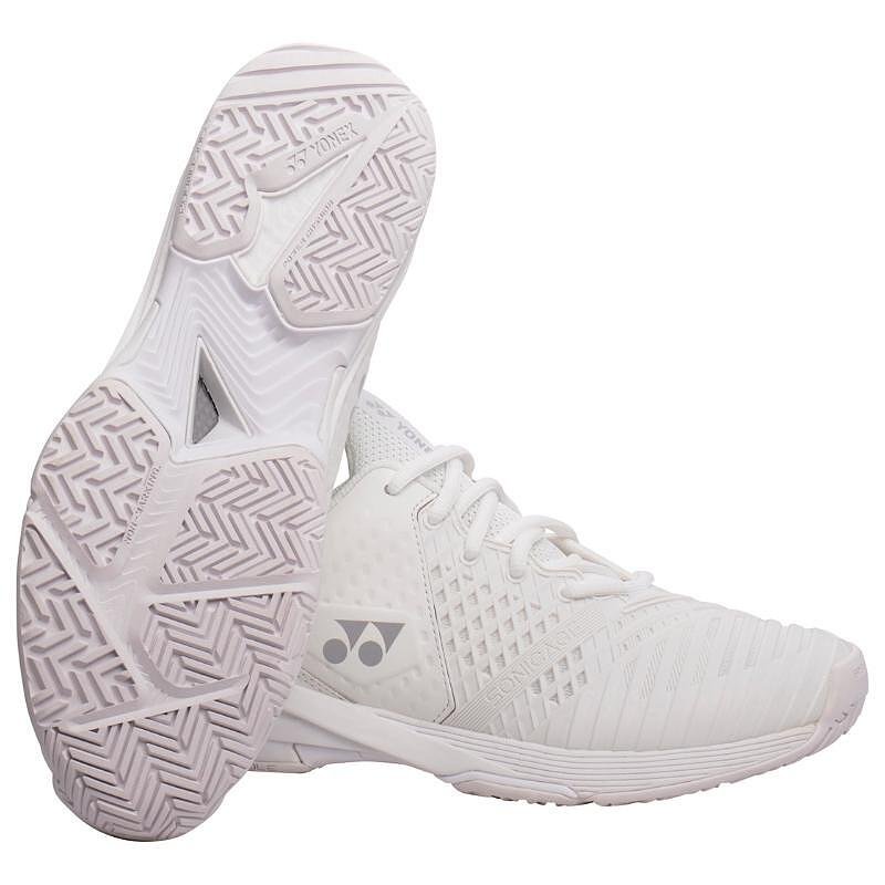 Women's Yonex PC Sonicage 3 White/Silver tennis shoes, lightweight and stable for quick movements on the court