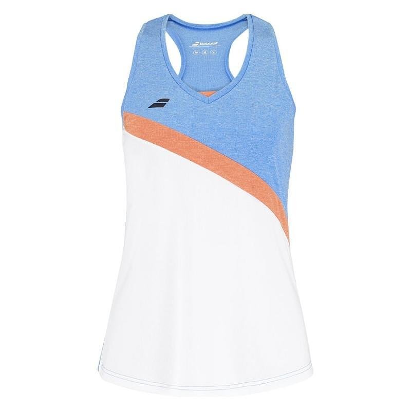 Women's Babolat PLAY TANK TOP - white, blue – sports tennis tank top with a V-neckline and racerback.
