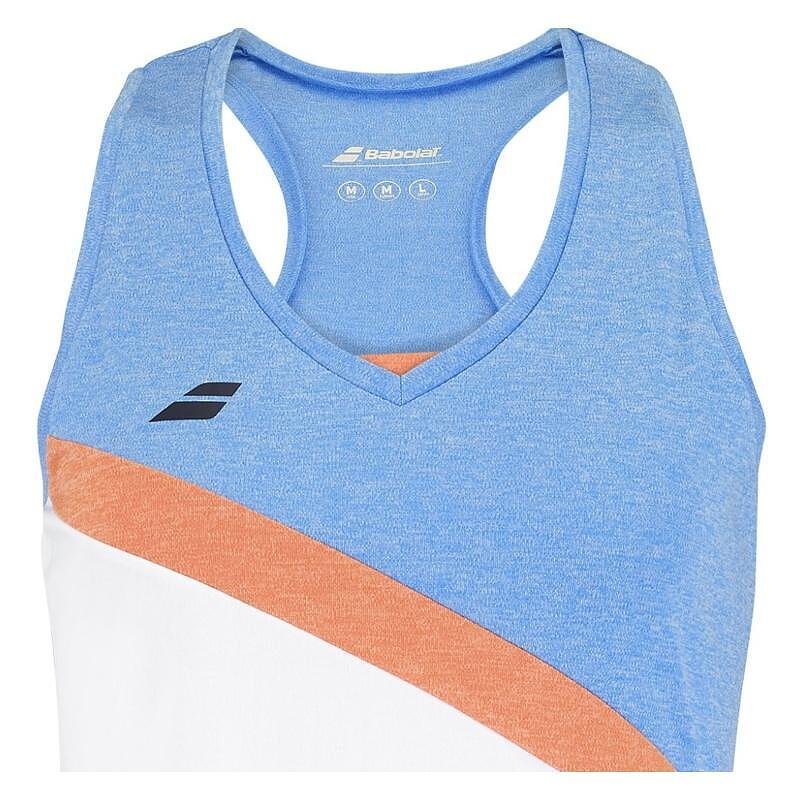 Women's Babolat PLAY TANK TOP - white, blue – sports women's tank top with a racerback and V-neckline