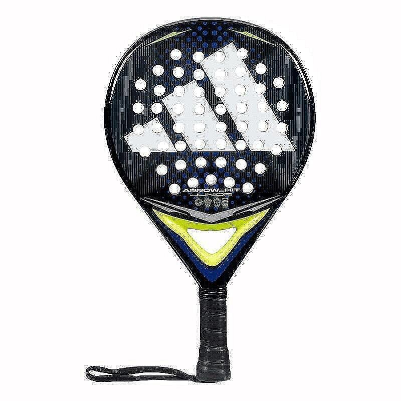 Rachetă de padel Adidas Arrow Hit Junior Blue cu formă rotundă, miez Soft Performance EVA, față din fibră de sticlă și zonă centrală de lovire, concepută pentru tineri jucători începători.