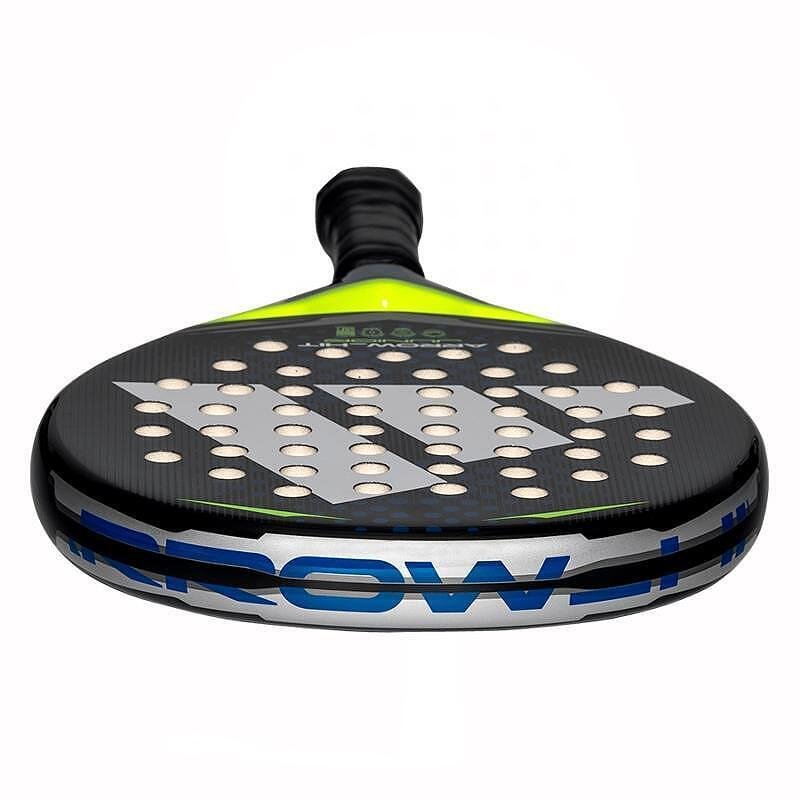 Rachetă de padel Adidas Arrow Hit Junior Blue cu formă rotundă, miez Soft Performance EVA, față din fibră de sticlă și zonă centrală de lovire, concepută pentru tineri jucători începători.