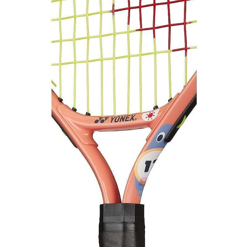 Yonex Junior 17 Coral Orange tennis racket for kids, lightweight and comfortable for control, with stickers from the Yonex kids' collection included