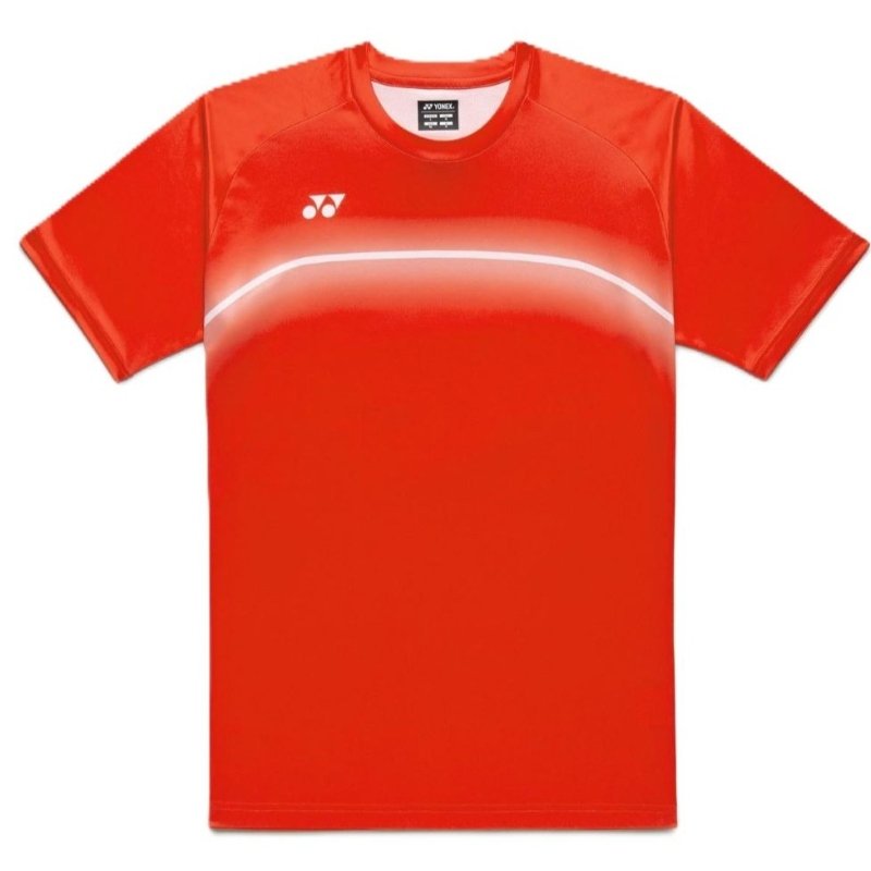 Детска тениска Yonex Junior Cyber Orange в ярко червено, изработена от дишащ полиестер за комфорт по време на игра.