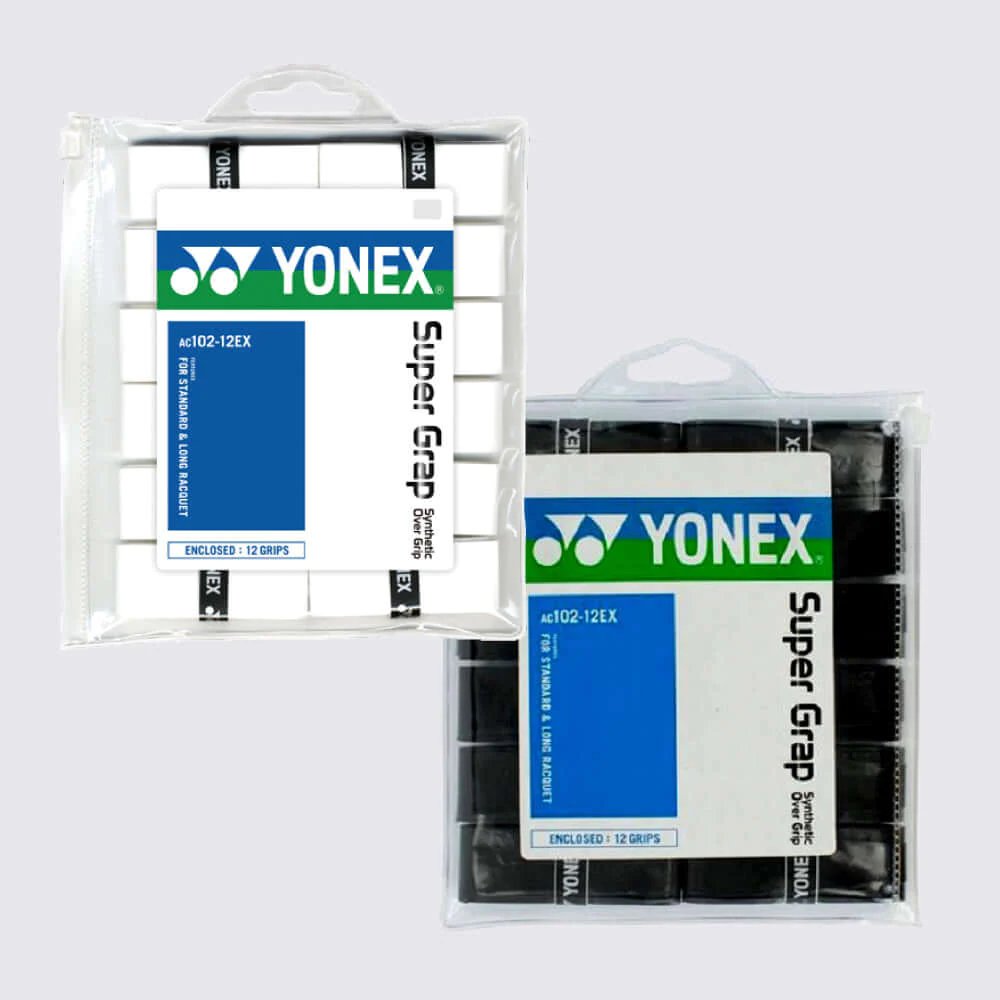 Gripuri Yonex Super Grap - alb, negru, 12 bucăți pentru rachetă de tenis, rachetă de padel și rachete de padel
