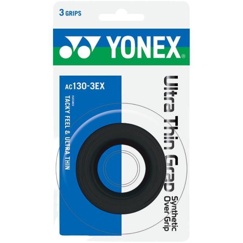Грипове Yonex ULTRA THIN Grap Black - 3 броя, черен ултратънък грип за тенис и бадминтон с сигурен захват