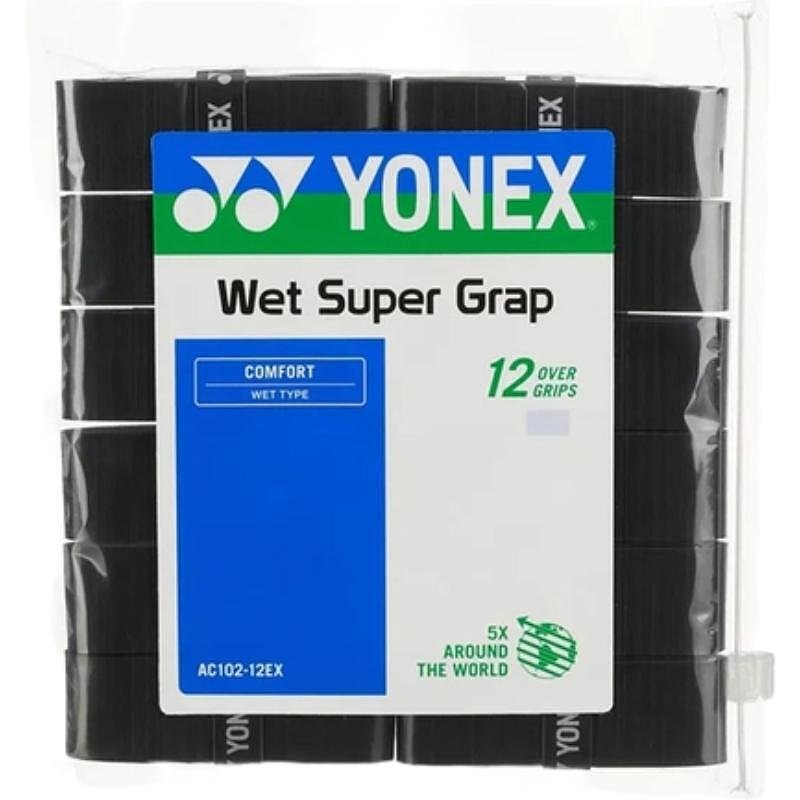Yonex WET SUPER GRAP Black grips - 12 pieces - black tennis grips for excellent control, absorption and durability.