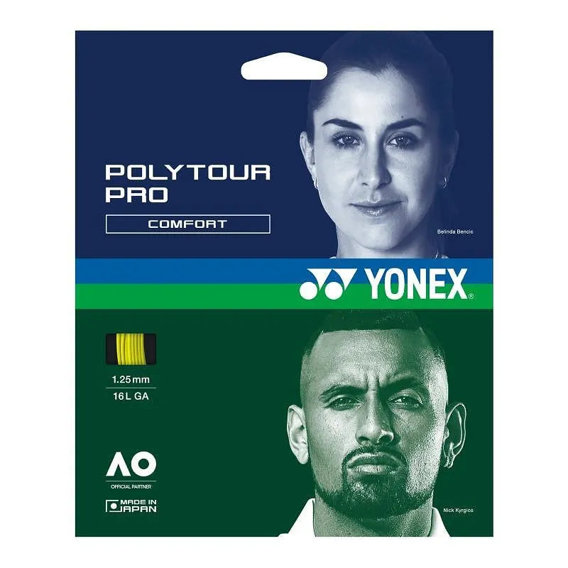 Кордаж Yonex Polytour Pro 1.25/16 Yellow - опаковка с две известни играчи.