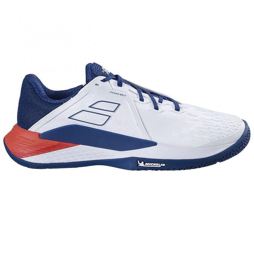 Pantofi sport bărbătești Babolat PROPULSE FURY 3 AC WHITE BLUE pentru tenis și padel, stabili și dinamici pe teren