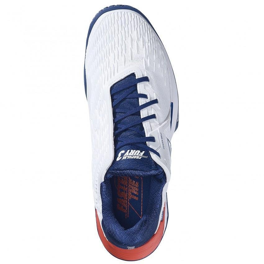Pantofi sport bărbătești Babolat PROPULSE FURY 3 AC WHITE BLUE pentru tenis și padel, stabilitate și dinamism