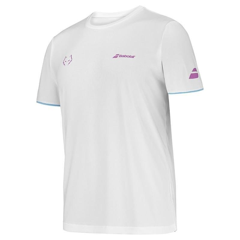 Мъжка тениска Babolat CREW NECK LEBRON 2025 - white, бяла тениска за падел и тенис с модерен дизайн и логата El Lobo и Babolat