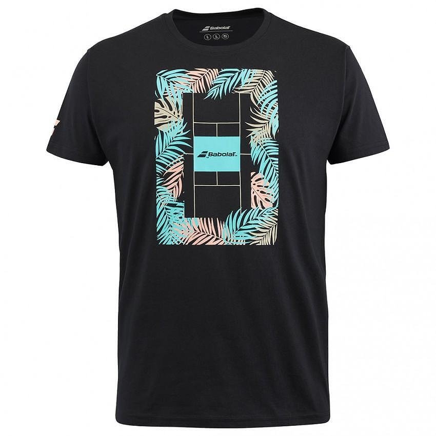 Tricou bărbătesc Babolat EXERCISE MESSAGE TEE - black, tricou sport negru elegant cu imprimeu colorat