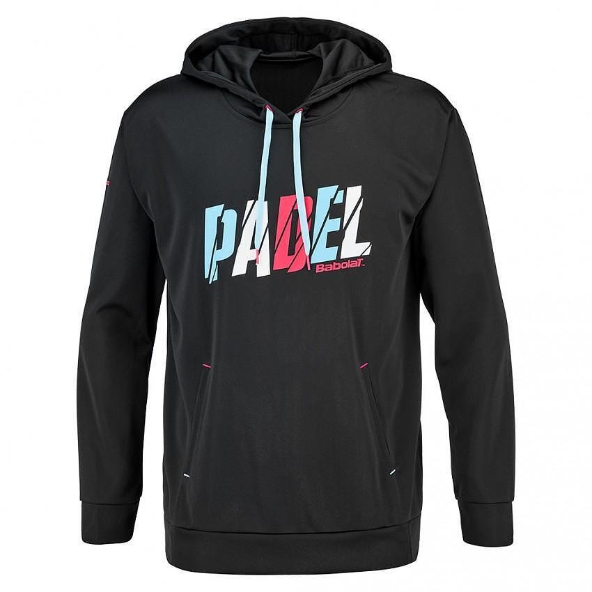 Men's Babolat PADEL HOOD BLACK sweatshirt, black sweatshirt for padel training and comfort during warm-up.