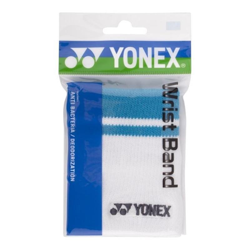 Bandă pentru încheietură Yonex Wristband - alb, albastru cobalt pentru tenis și badminton – moale, comodă, cu logo Yonex brodat