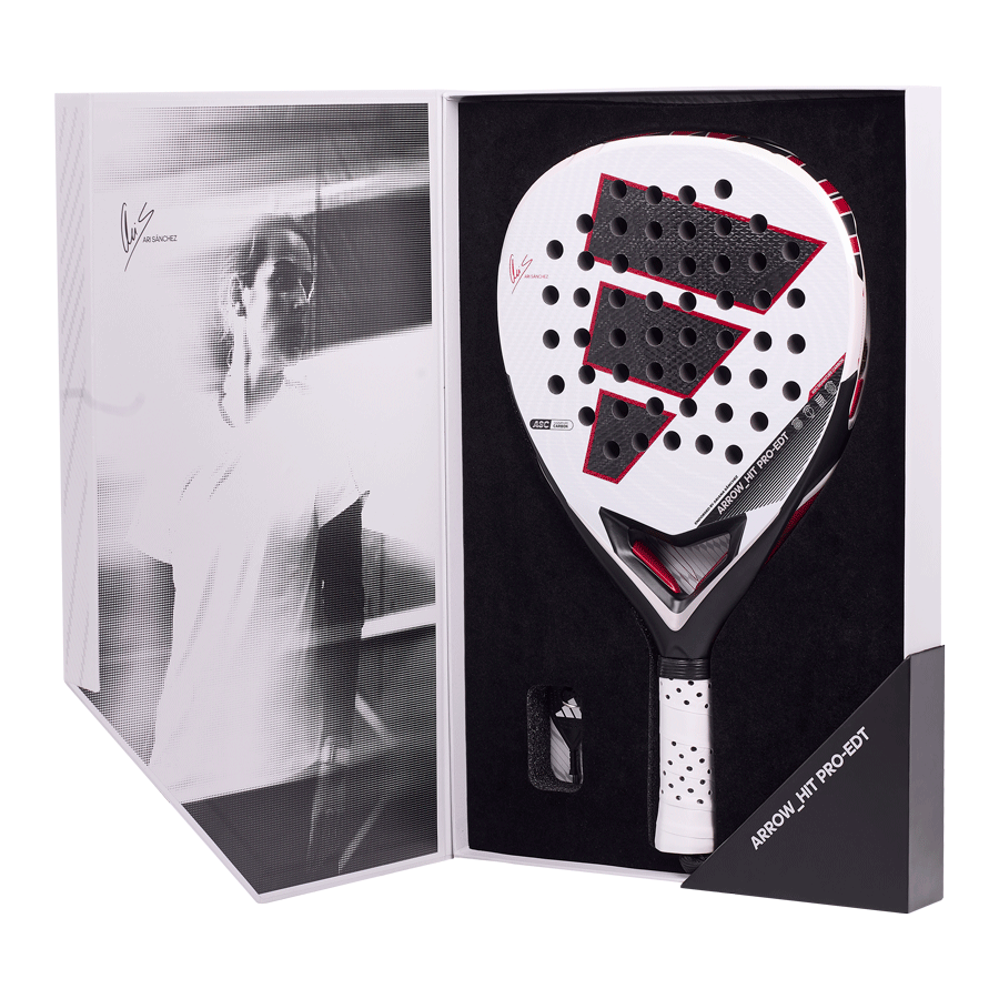 Падел ракета Adidas Arrow Hit Pro EDT в опаковка, показваща дизаин и техника за прецизен контрол.